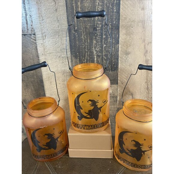Halloween Decor Orange Black Jar Tealight Candle holder Witch Moon Cat Set Of 3 - Picture 3 of 11